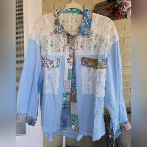 POL Blue Patchwork Lace Button Down Shirt